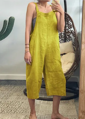 French Yellow Solid High Waist Cotton Jumpsuits Sleeveless GEM036