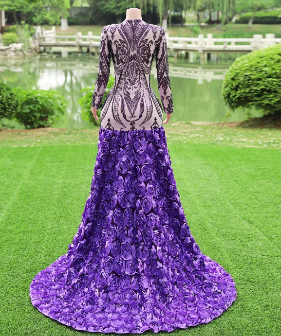 Gorgeous Purple Long Sleeves V-Neck Prom Dress Sequins With Flowers