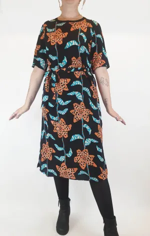 Gorman 100% black dress with blue and orange print size 12
