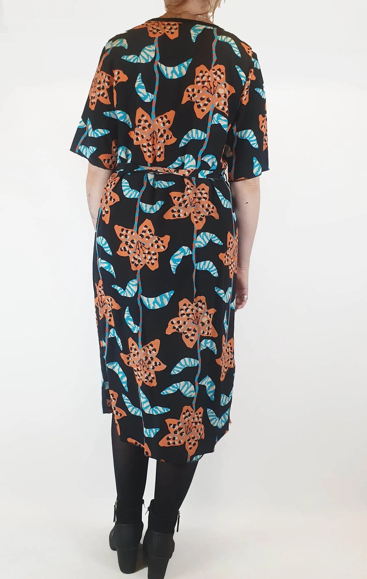 Gorman 100% black dress with blue and orange print size 12
