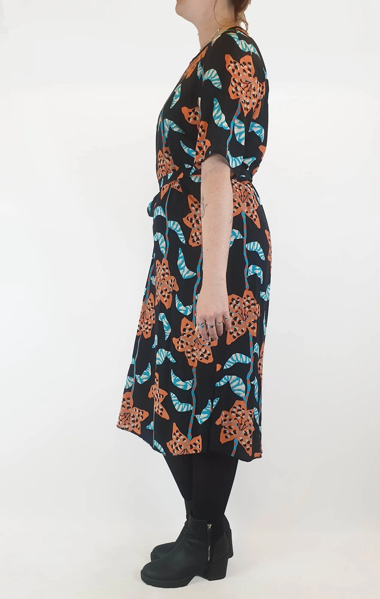 Gorman 100% black dress with blue and orange print size 12