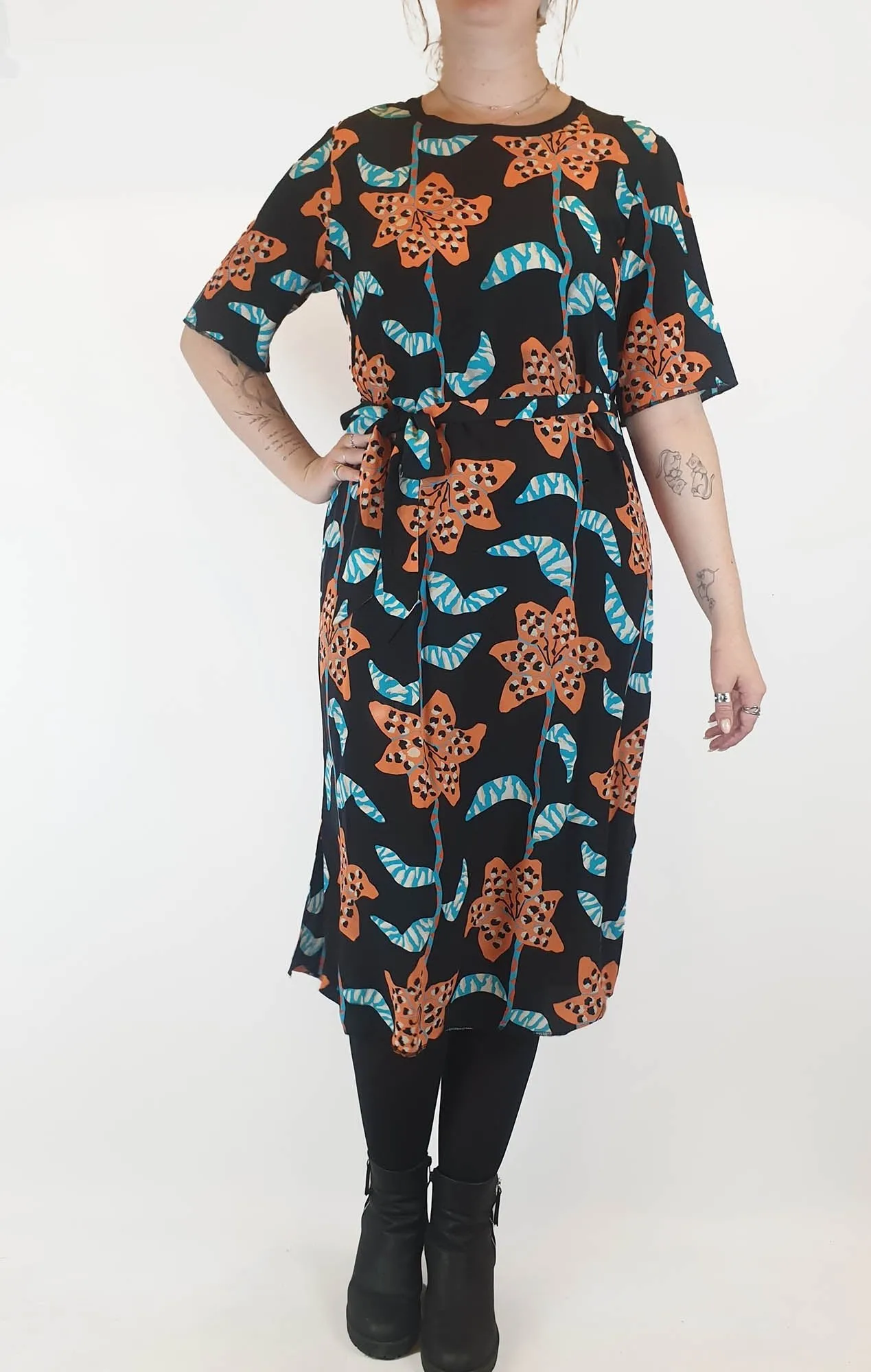 Gorman 100% black dress with blue and orange print size 12