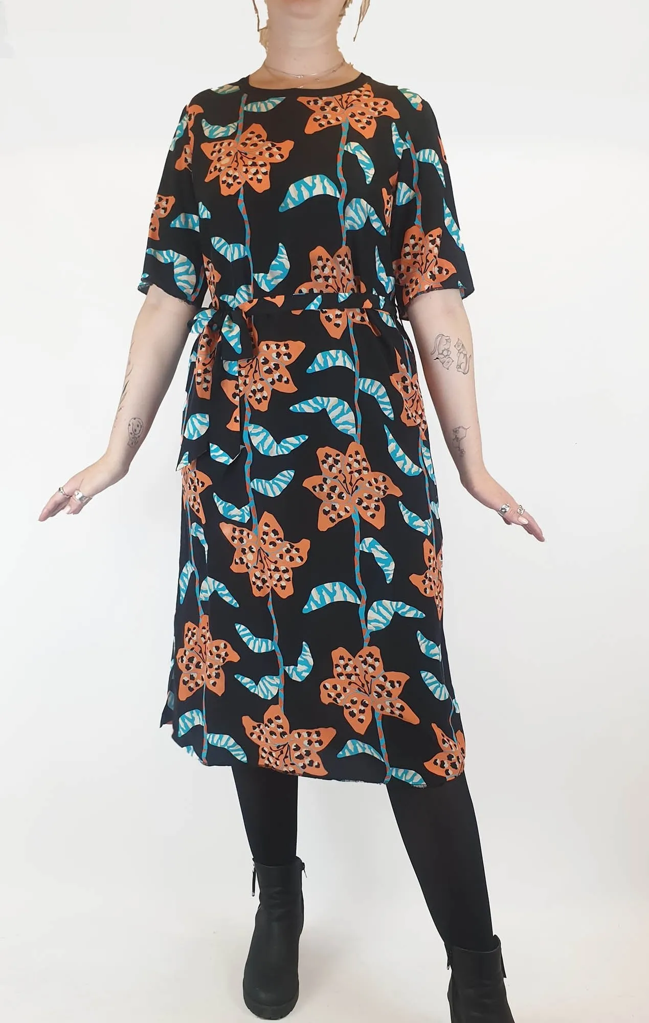 Gorman 100% black dress with blue and orange print size 12