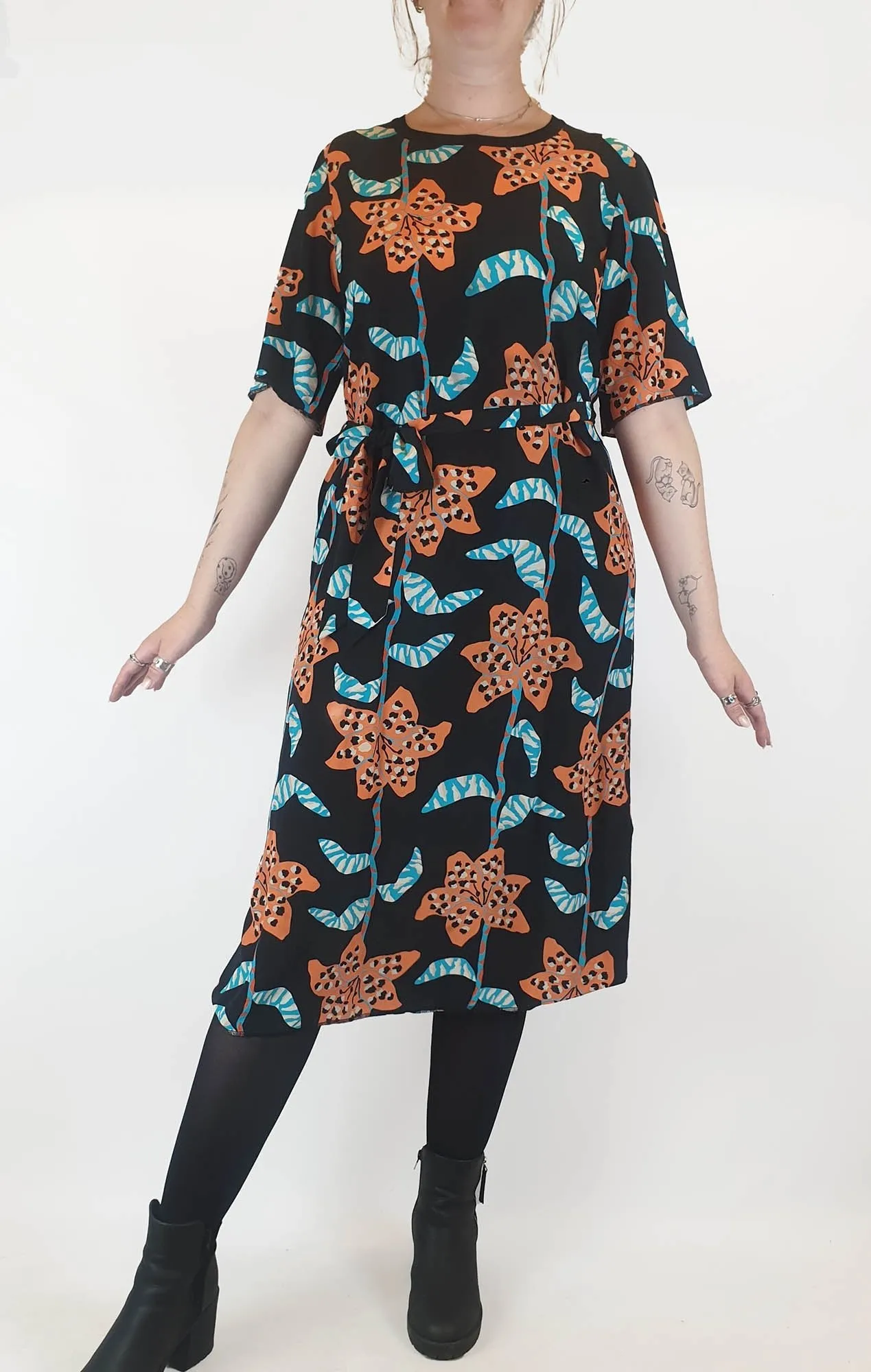Gorman 100% black dress with blue and orange print size 12