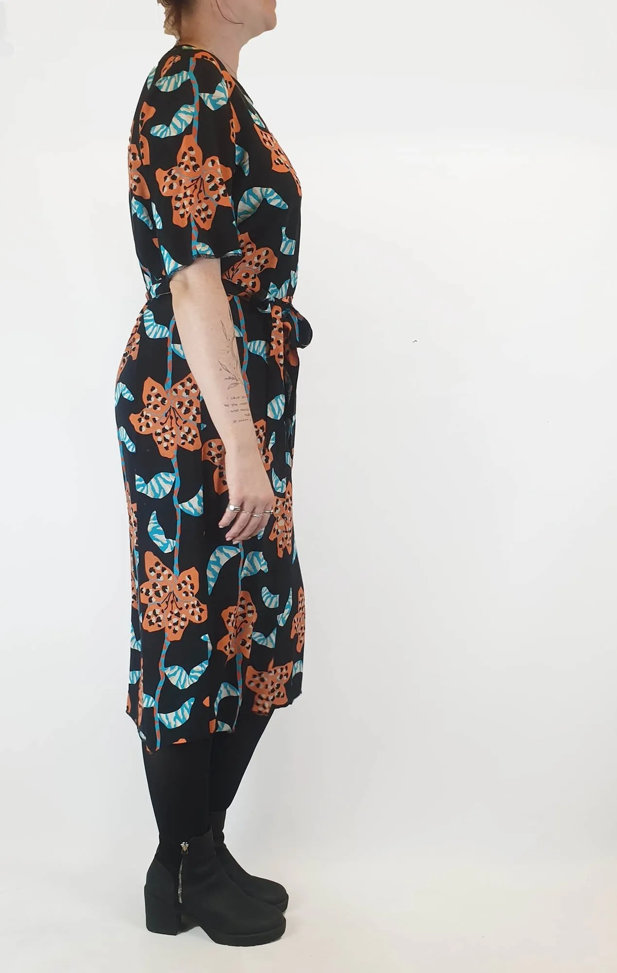 Gorman 100% black dress with blue and orange print size 12