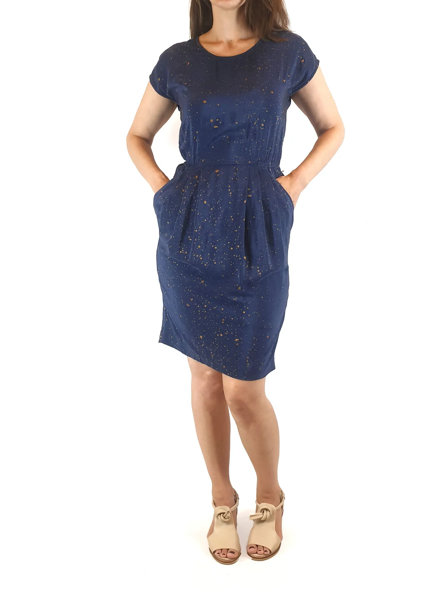 Gorman navy 100% silk dress with gold splatter print size 8