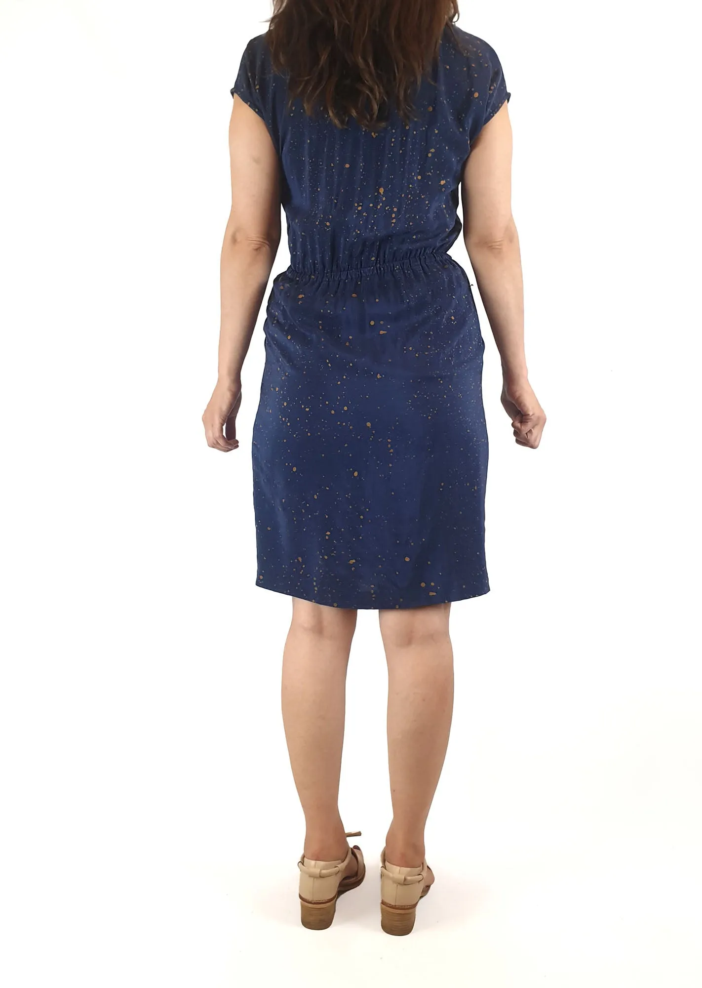 Gorman navy 100% silk dress with gold splatter print size 8