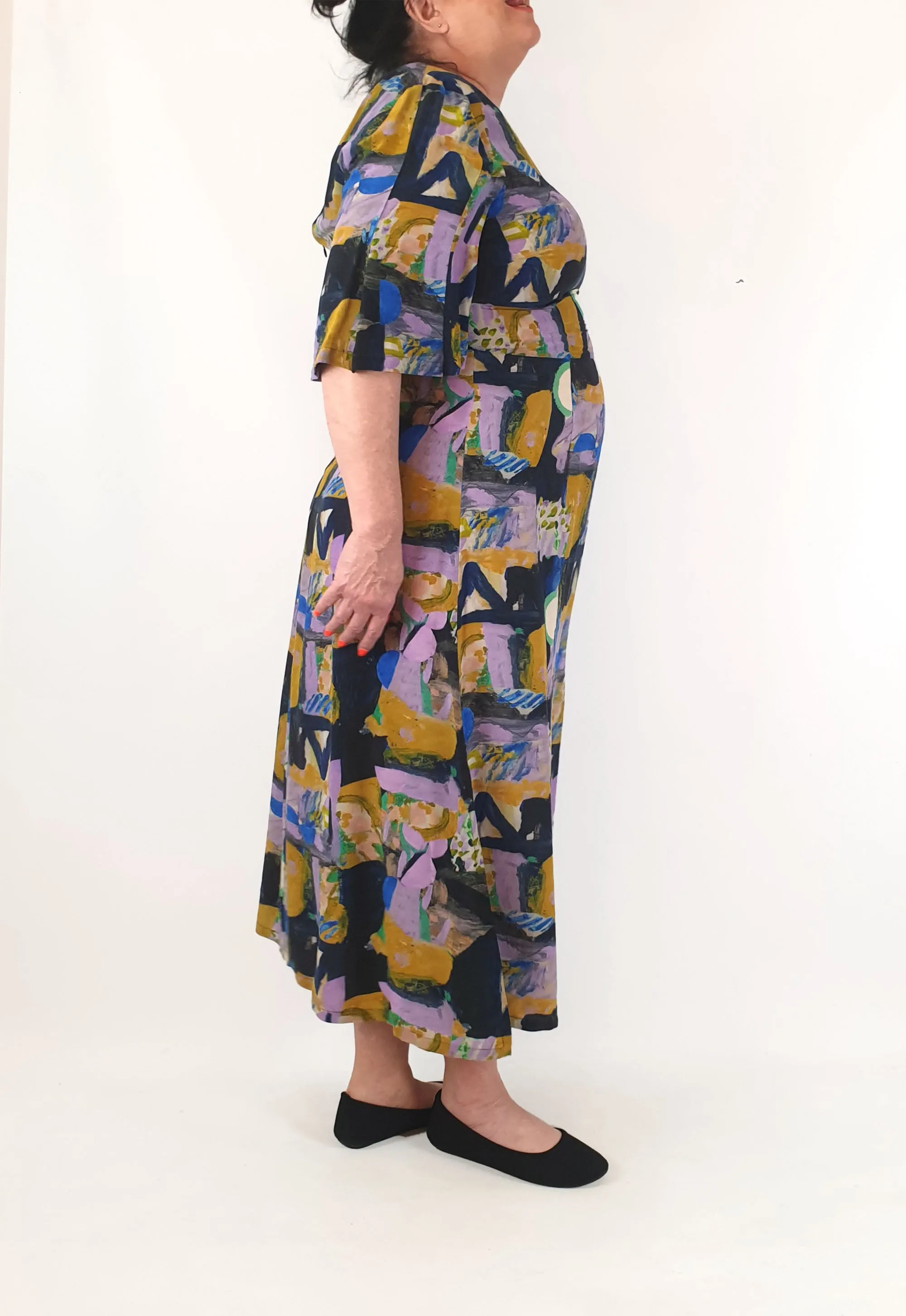 Gorman   Spencer Shakespeare silk mix purple-based half sleeve maxi dress size 16