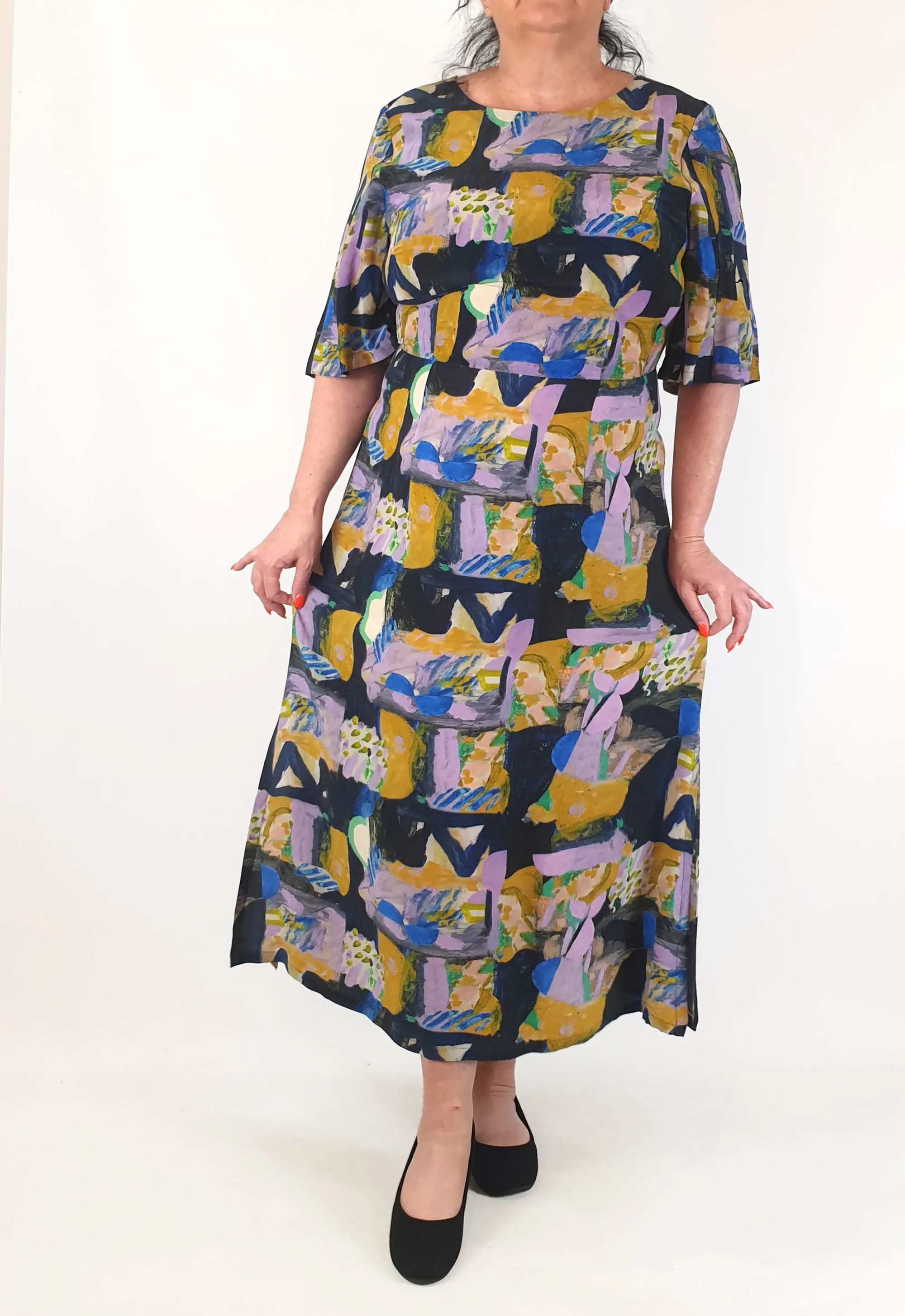 Gorman   Spencer Shakespeare silk mix purple-based half sleeve maxi dress size 16