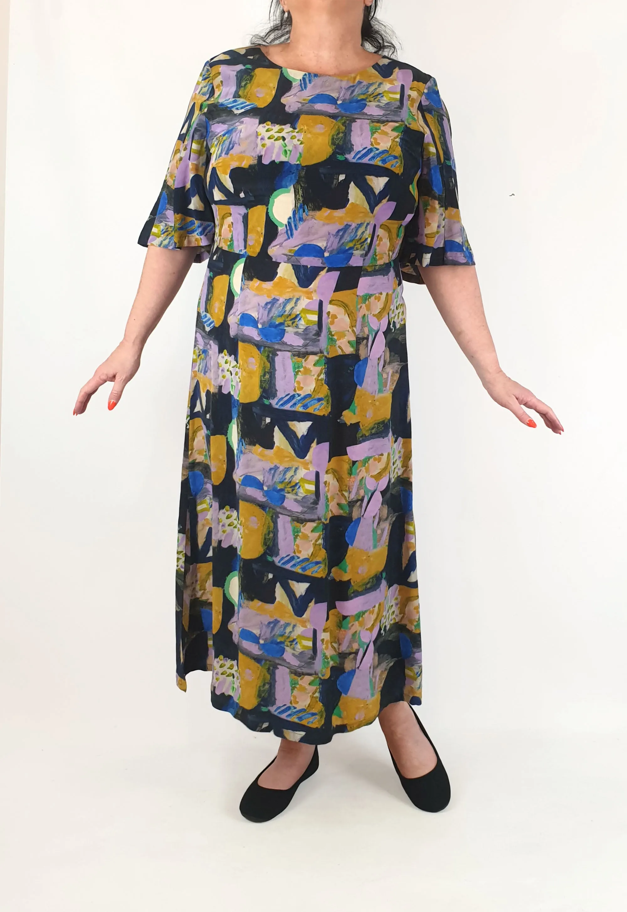 Gorman   Spencer Shakespeare silk mix purple-based half sleeve maxi dress size 16
