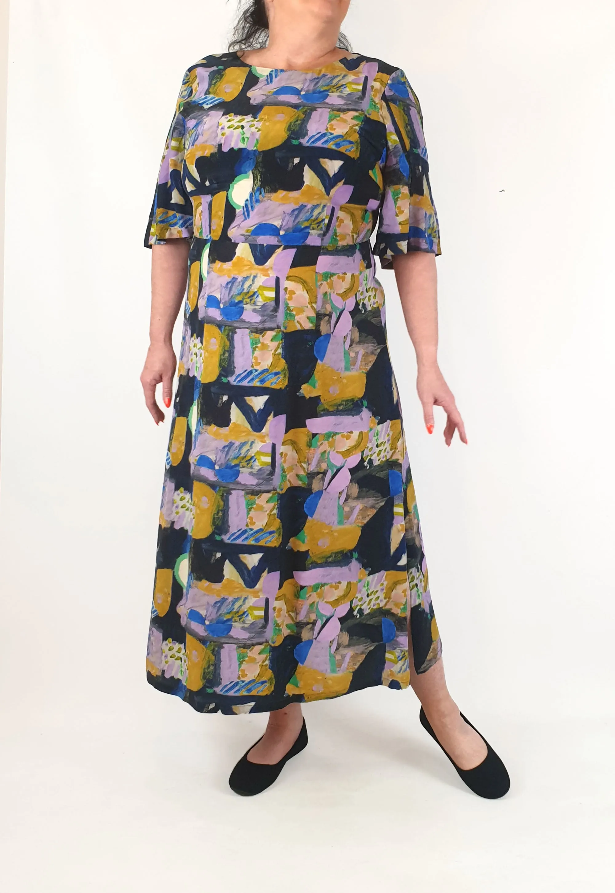 Gorman   Spencer Shakespeare silk mix purple-based half sleeve maxi dress size 16