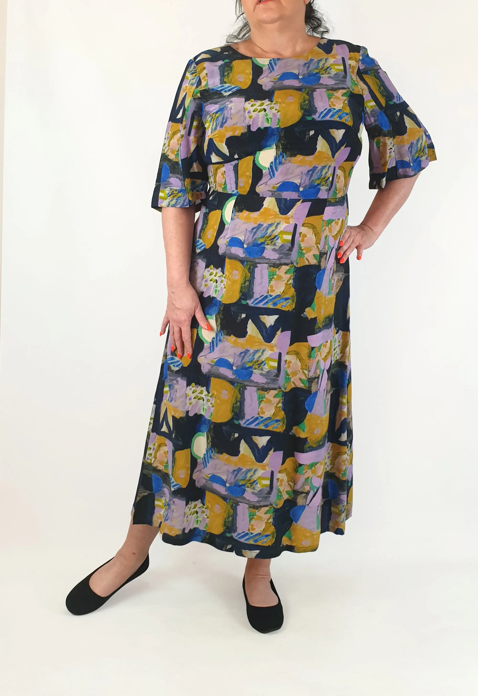 Gorman   Spencer Shakespeare silk mix purple-based half sleeve maxi dress size 16