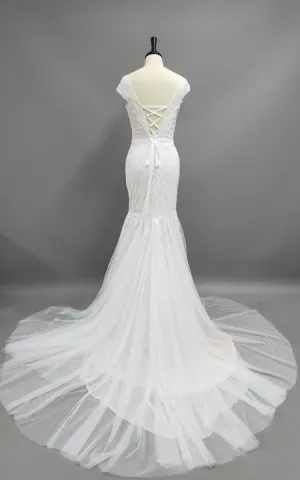 Gossamery Cap-Sleeve Illusion Tulle Wedding Dress With Lace And Court Train-715165