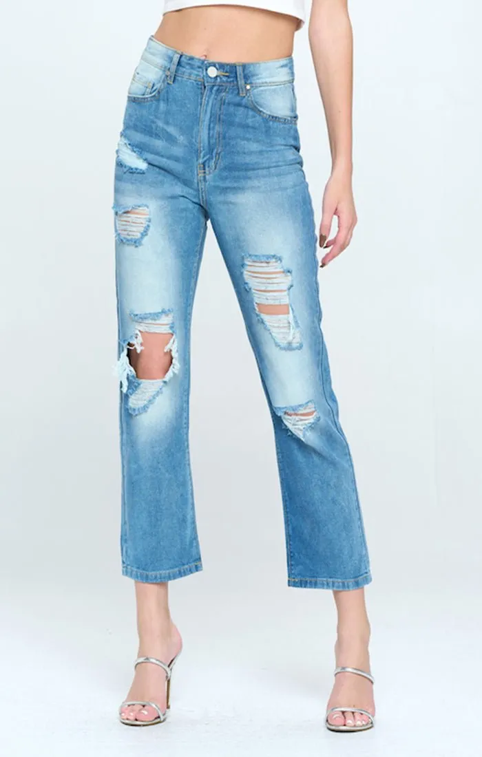 HIGH WAISTED RIPPED ANKLE SLIM STRAIGHT JEANS
