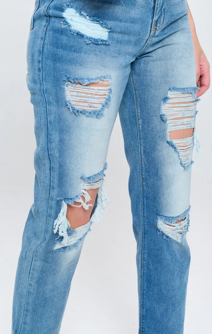 HIGH WAISTED RIPPED ANKLE SLIM STRAIGHT JEANS