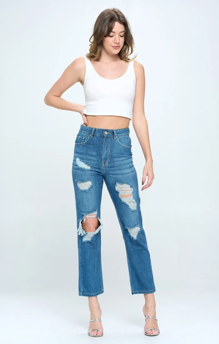 HIGH WAISTED RIPPED ANKLE SLIM STRAIGHT JEANS