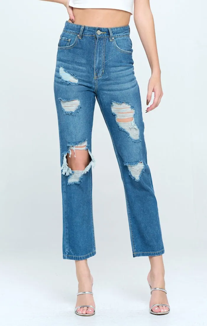 HIGH WAISTED RIPPED ANKLE SLIM STRAIGHT JEANS