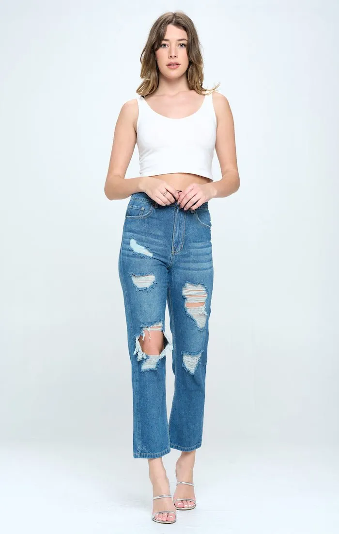 HIGH WAISTED RIPPED ANKLE SLIM STRAIGHT JEANS