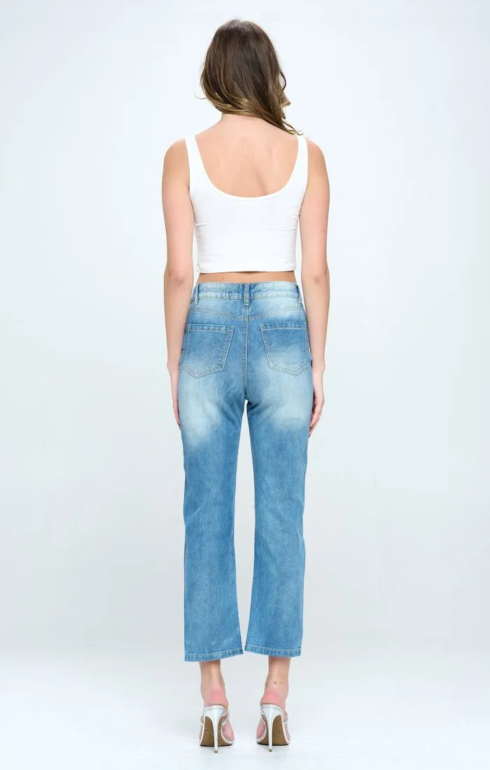 HIGH WAISTED RIPPED ANKLE SLIM STRAIGHT JEANS