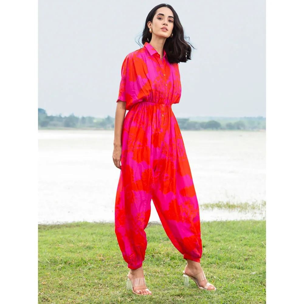 House of Soi Pink Printed Collared Jumpsuit