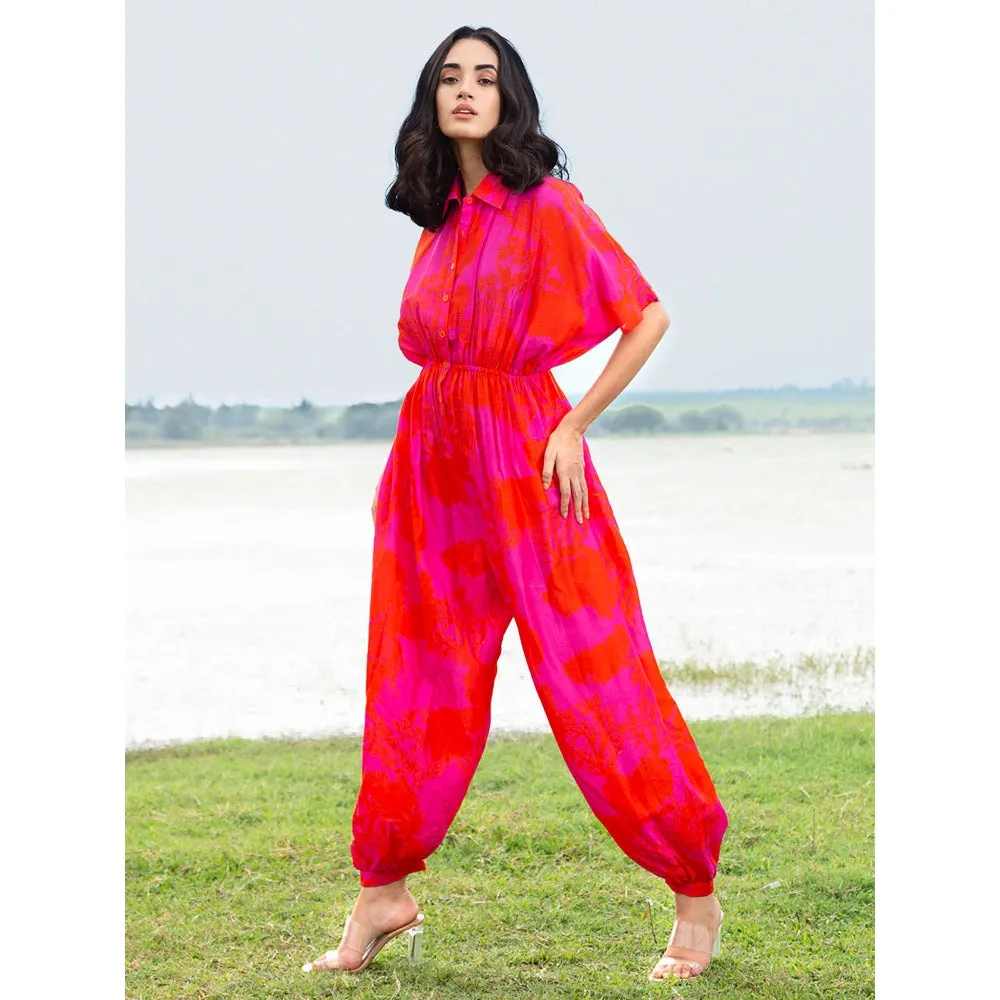 House of Soi Pink Printed Collared Jumpsuit