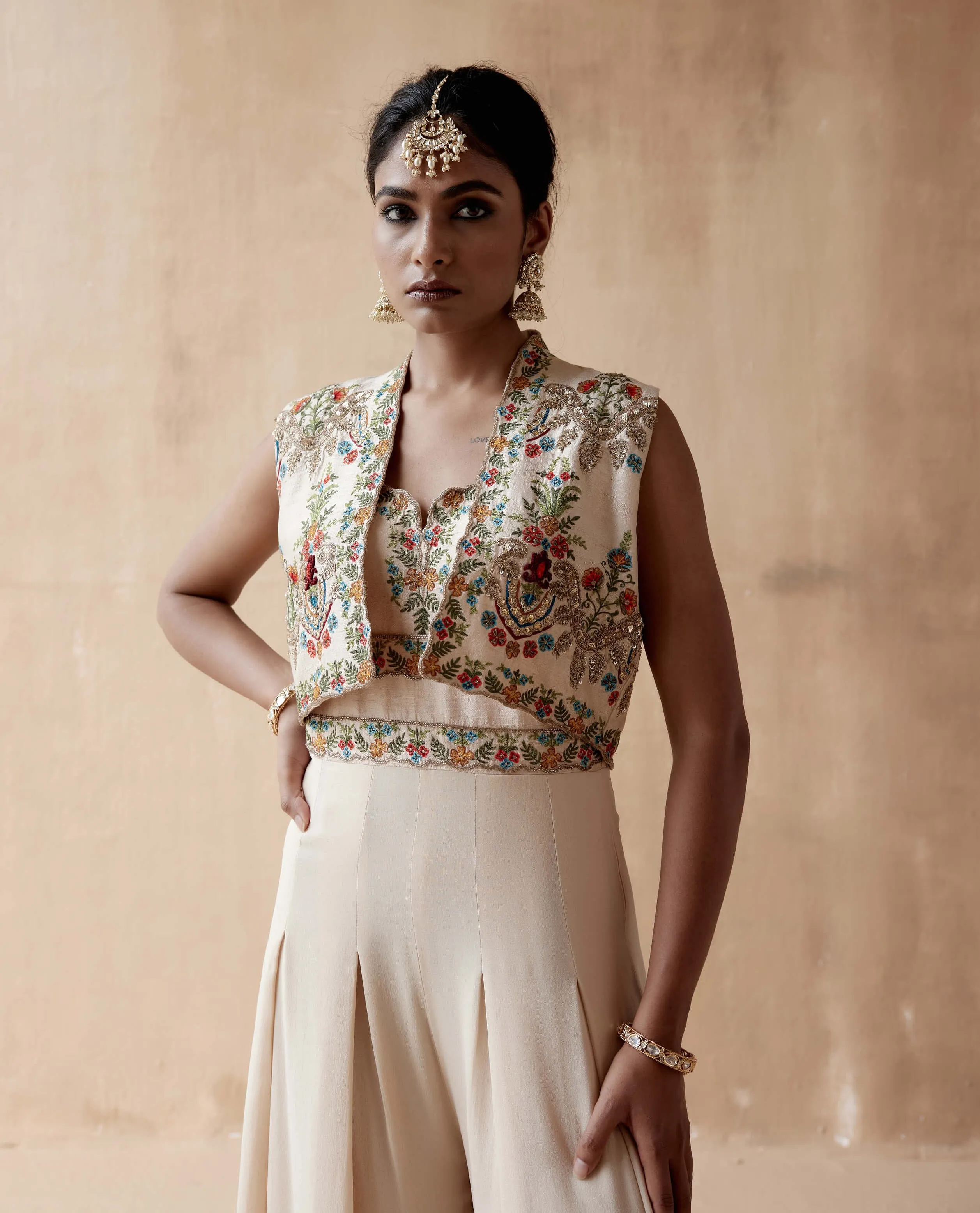 Ivory floral embroidery jumpsuit and jacket
