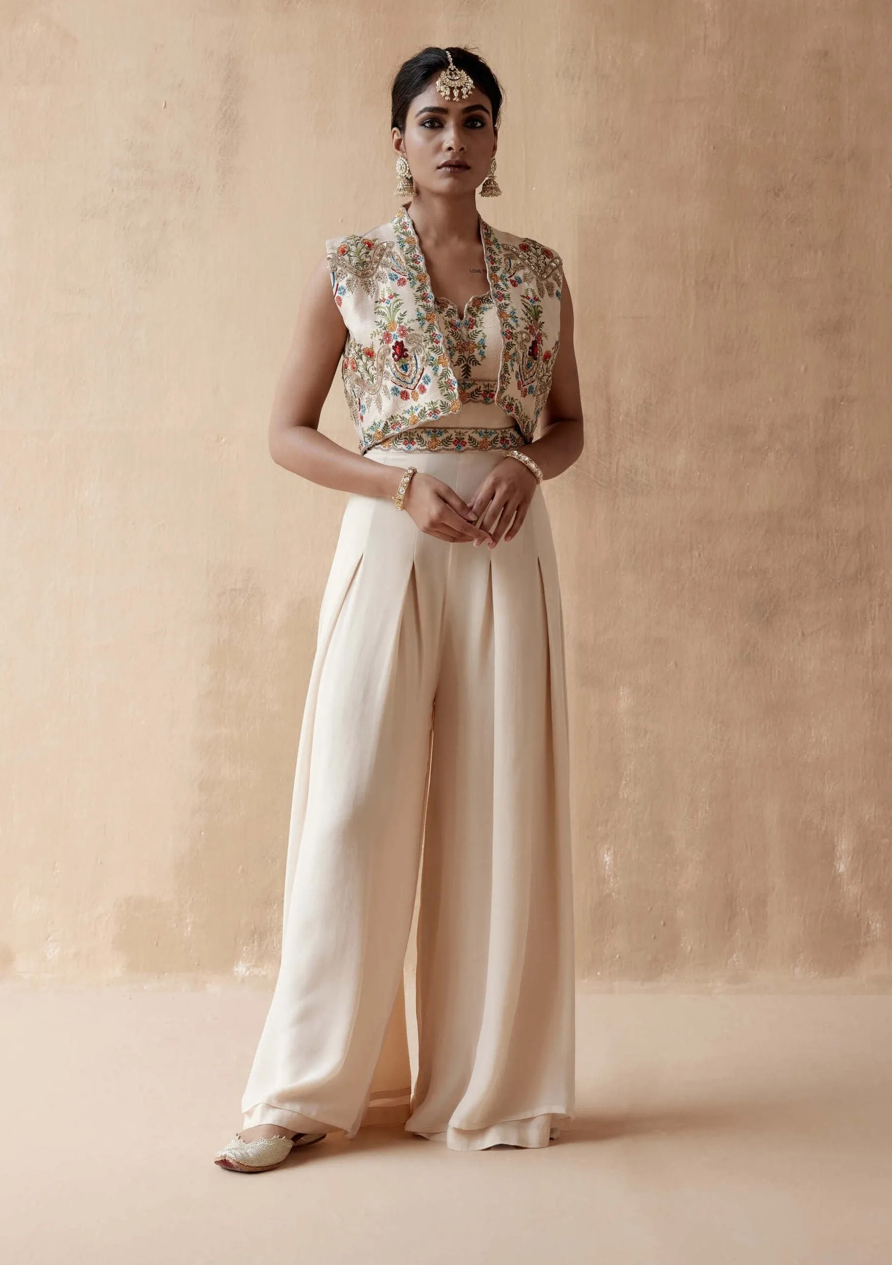 Ivory floral embroidery jumpsuit and jacket