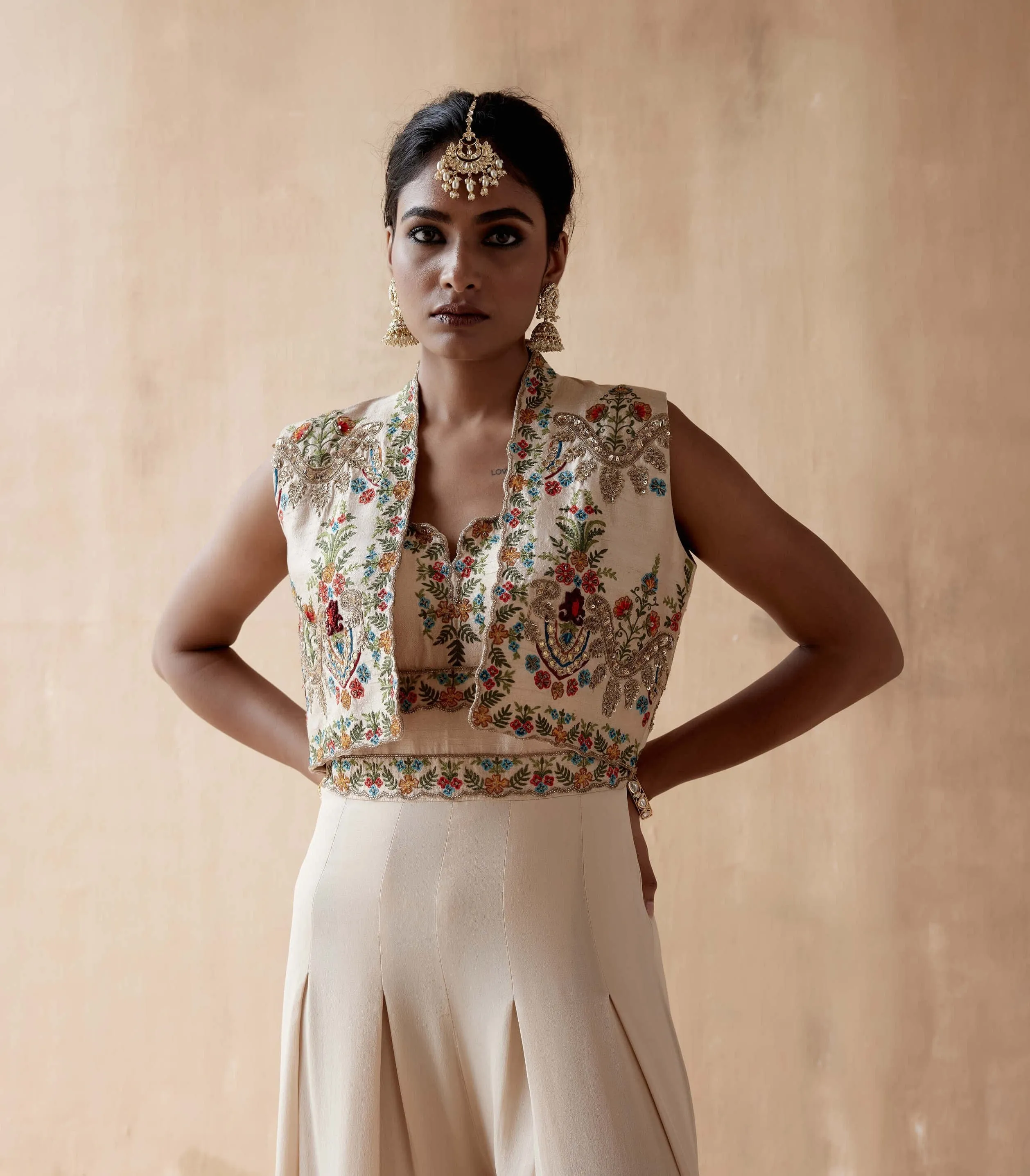 Ivory floral embroidery jumpsuit and jacket
