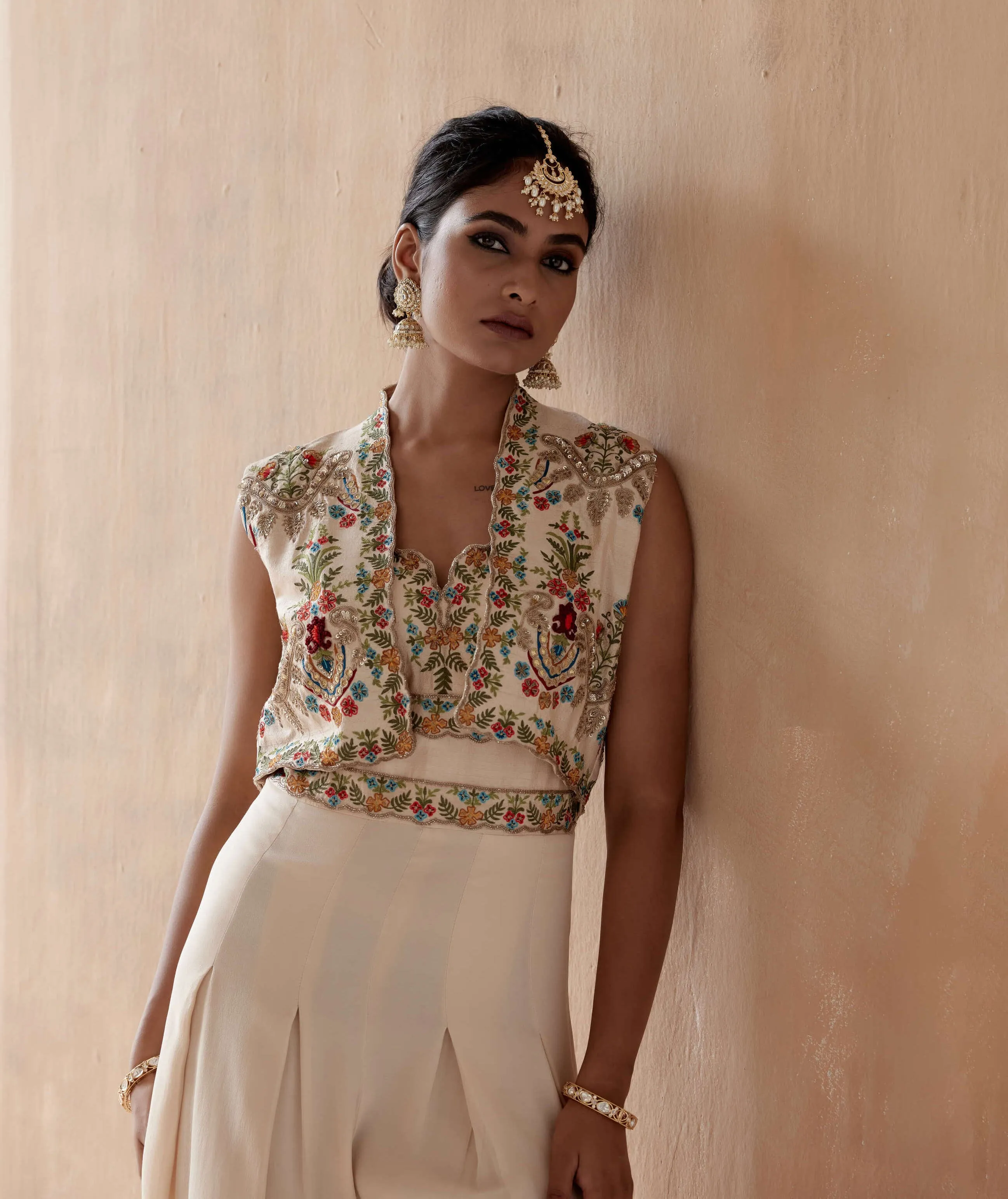 Ivory floral embroidery jumpsuit and jacket