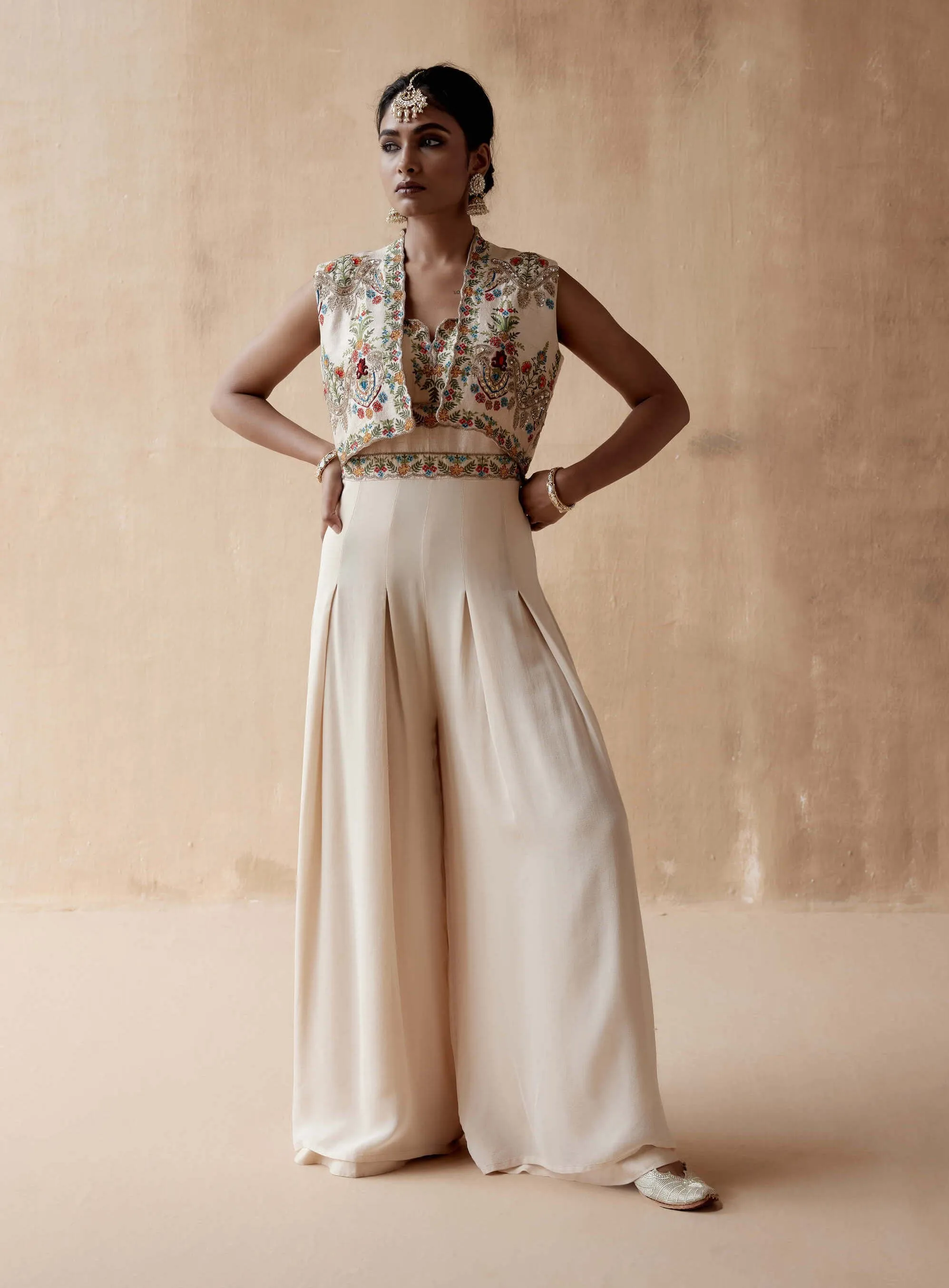 Ivory floral embroidery jumpsuit and jacket