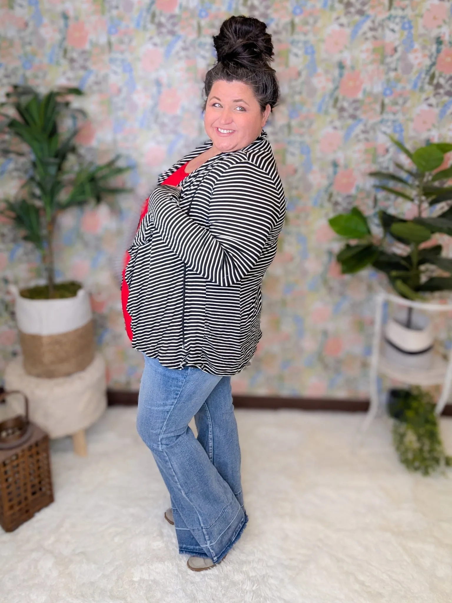 Jayne Black   White Striped Cardi w/Zipper
