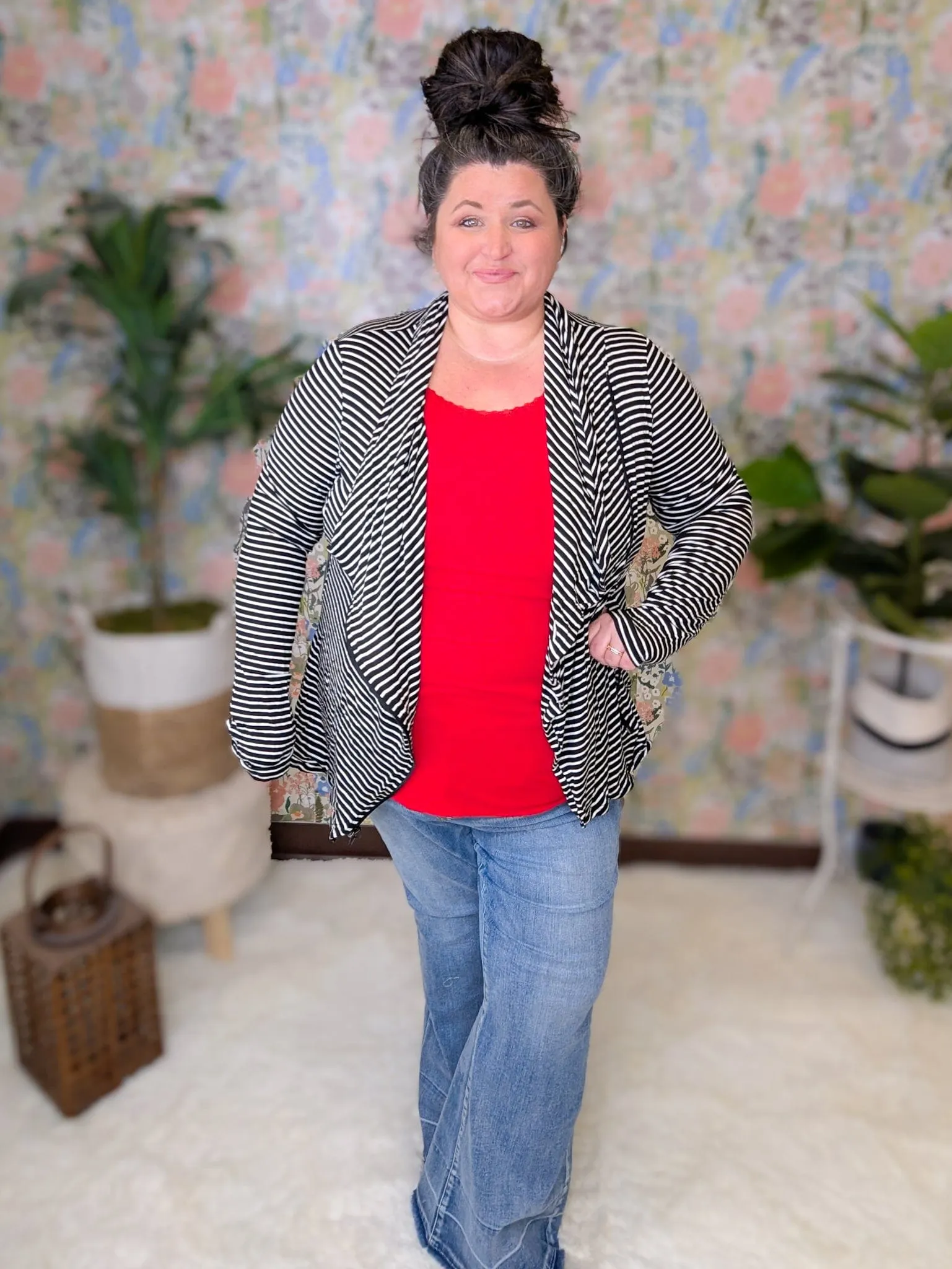 Jayne Black   White Striped Cardi w/Zipper