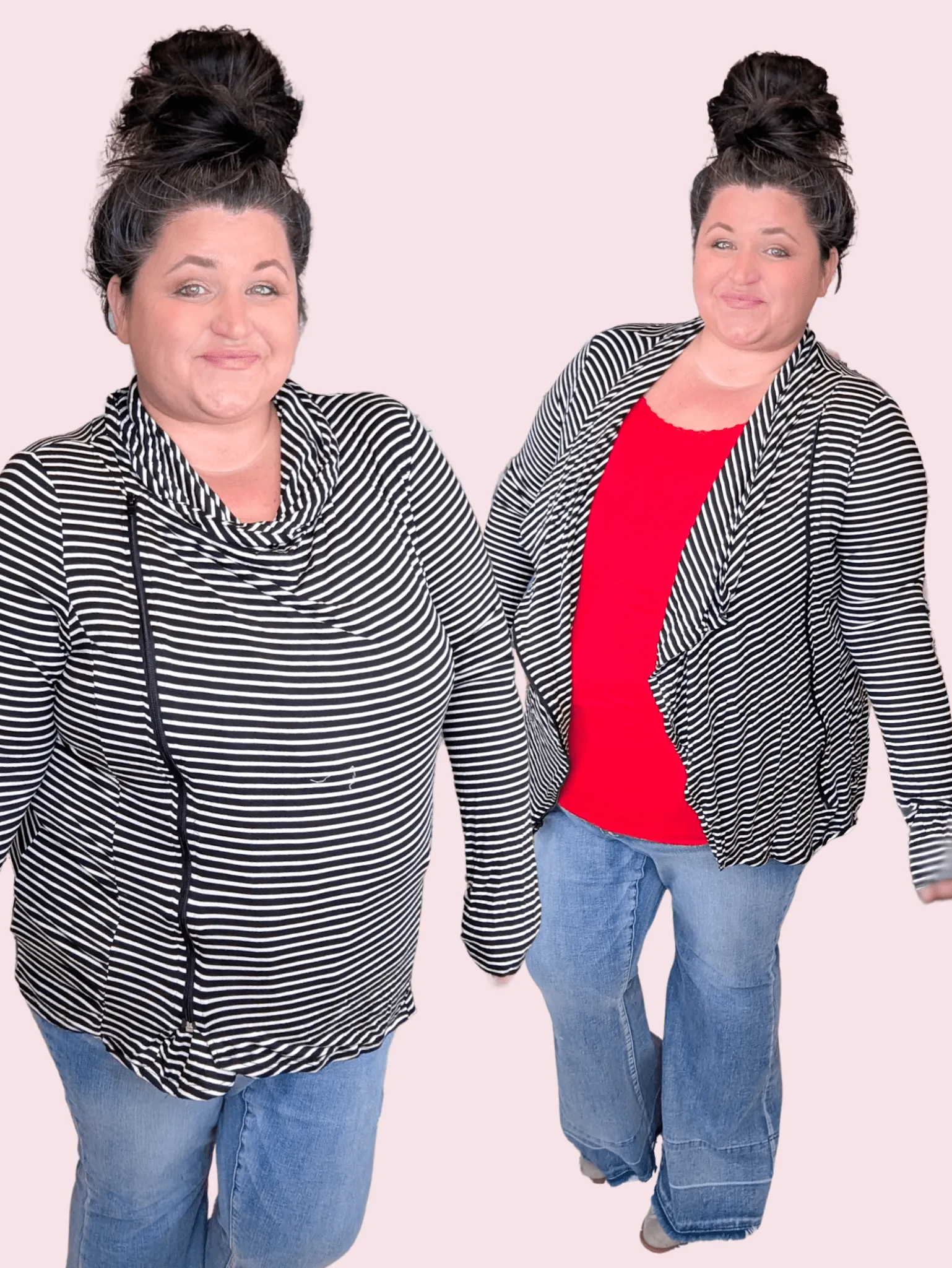 Jayne Black   White Striped Cardi w/Zipper