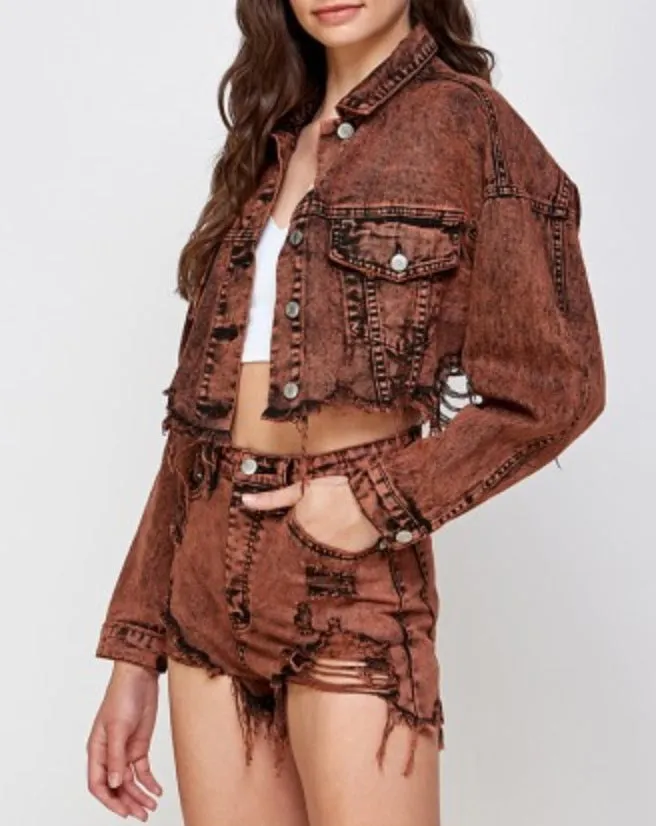 Jean Cropped Drop Shoulder Distressed Hem Acid Wash Denim Jacket