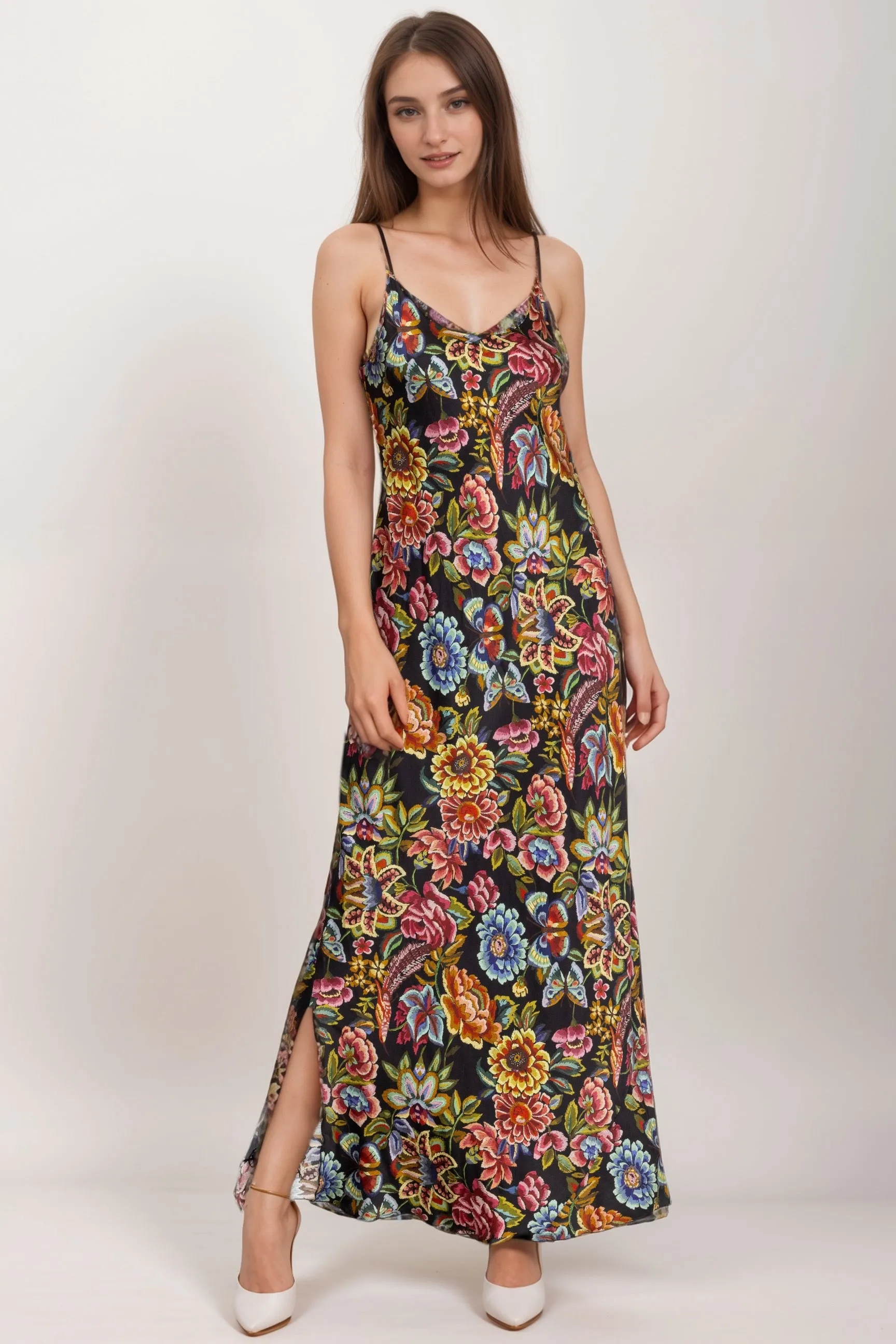 Johnny Was Black Gigianna Floral Maxi Slip Dress C35924