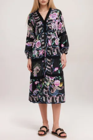 Johnny Was Black Leda Lace Trim Silk Midi Dress C36224-O