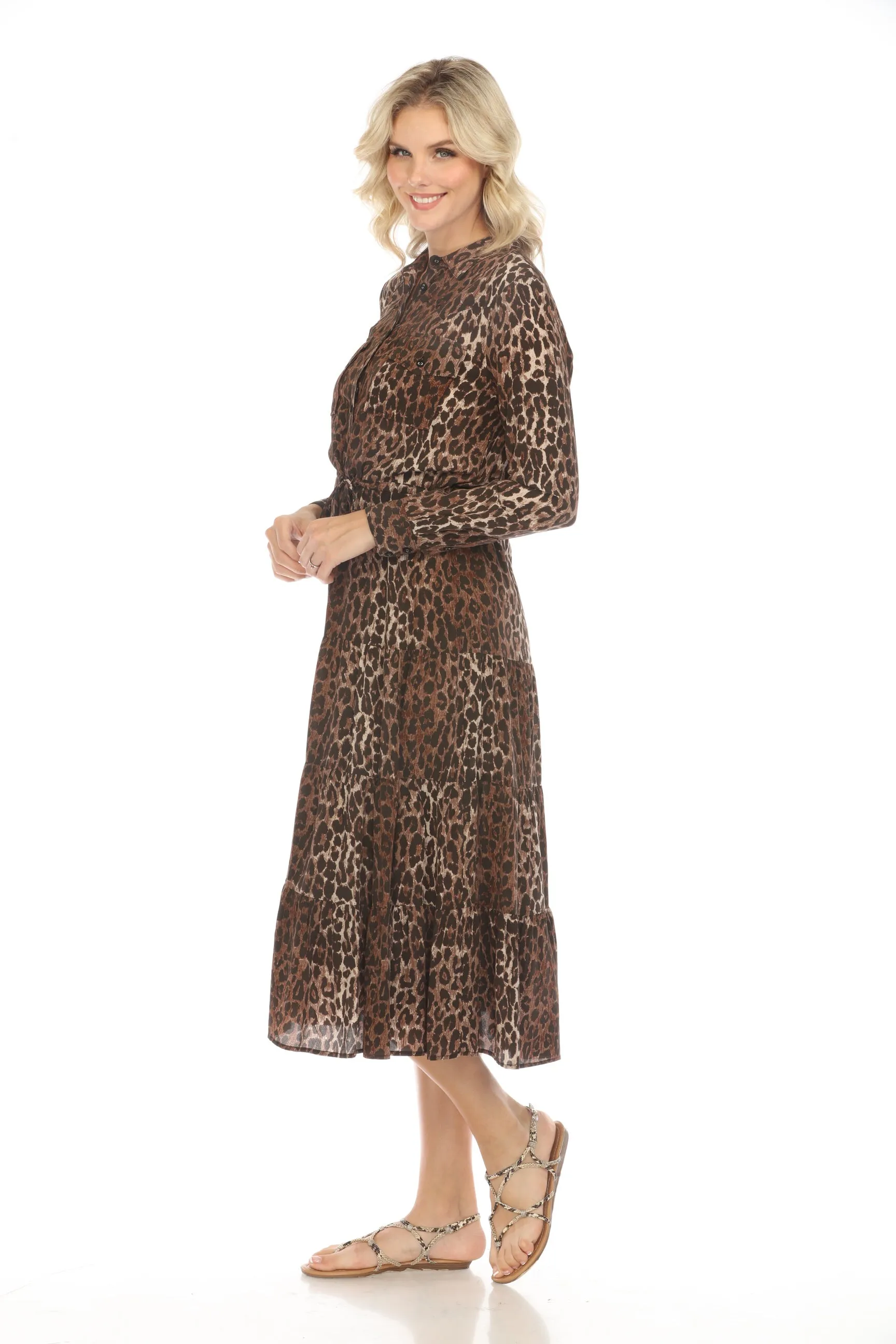 Johnny Was Workshop Leopard Western Tiered Silk Midi Dress Boho Chic W37624