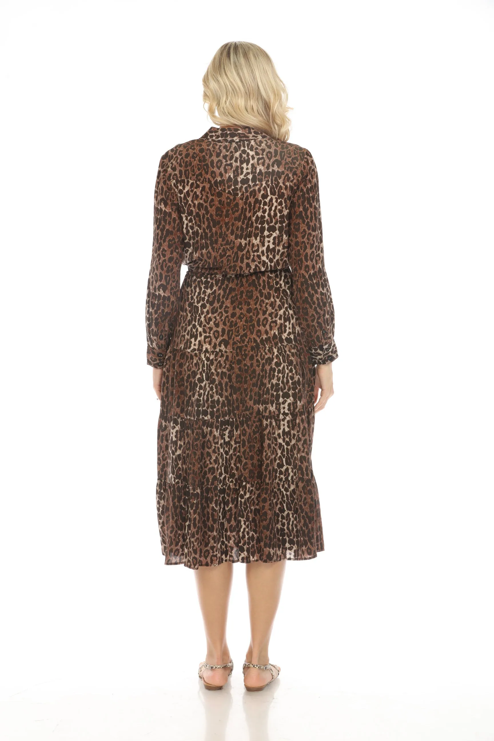 Johnny Was Workshop Leopard Western Tiered Silk Midi Dress Boho Chic W37624