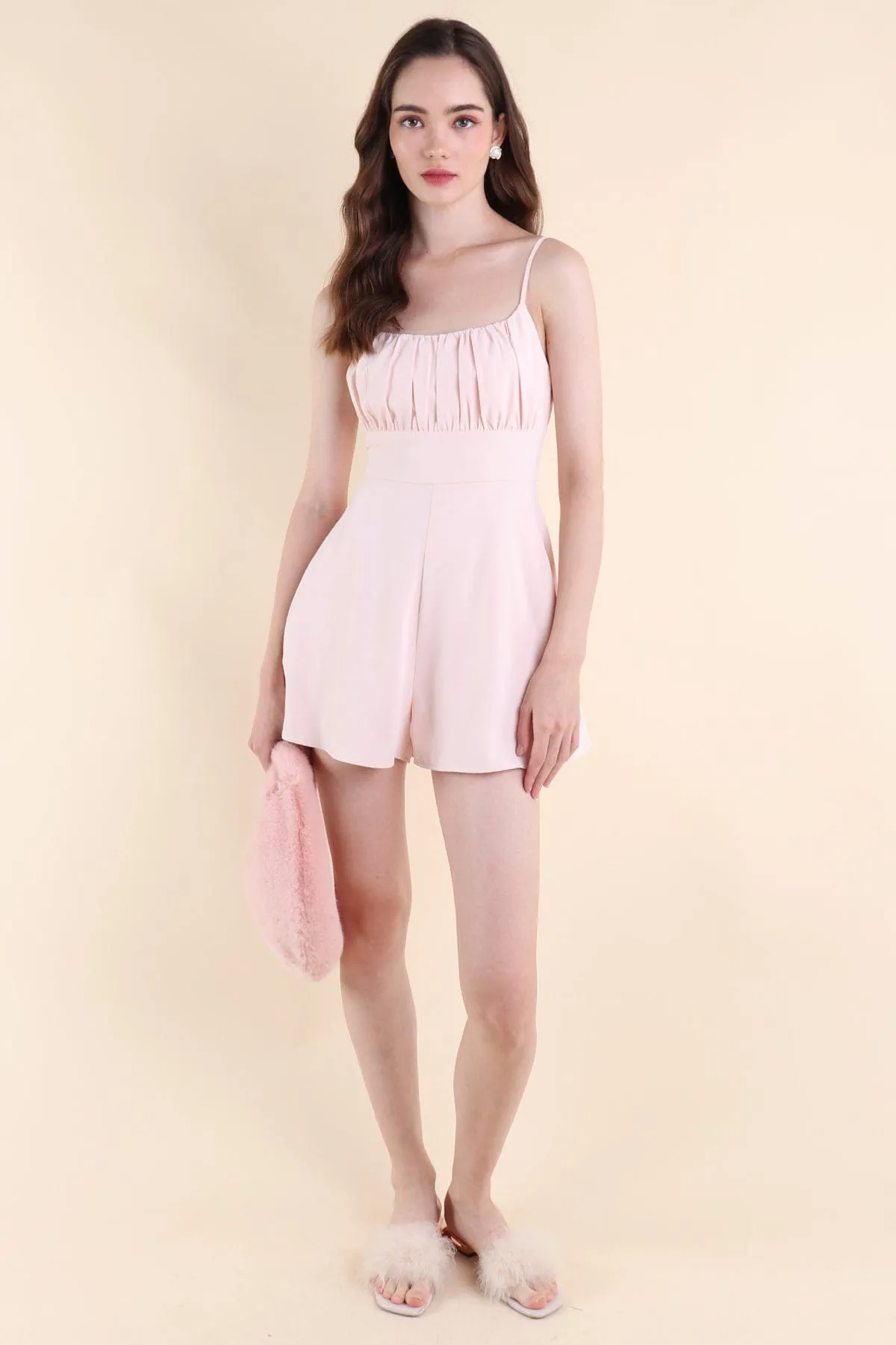JORDYN RUCHED ROMPER IN PINK