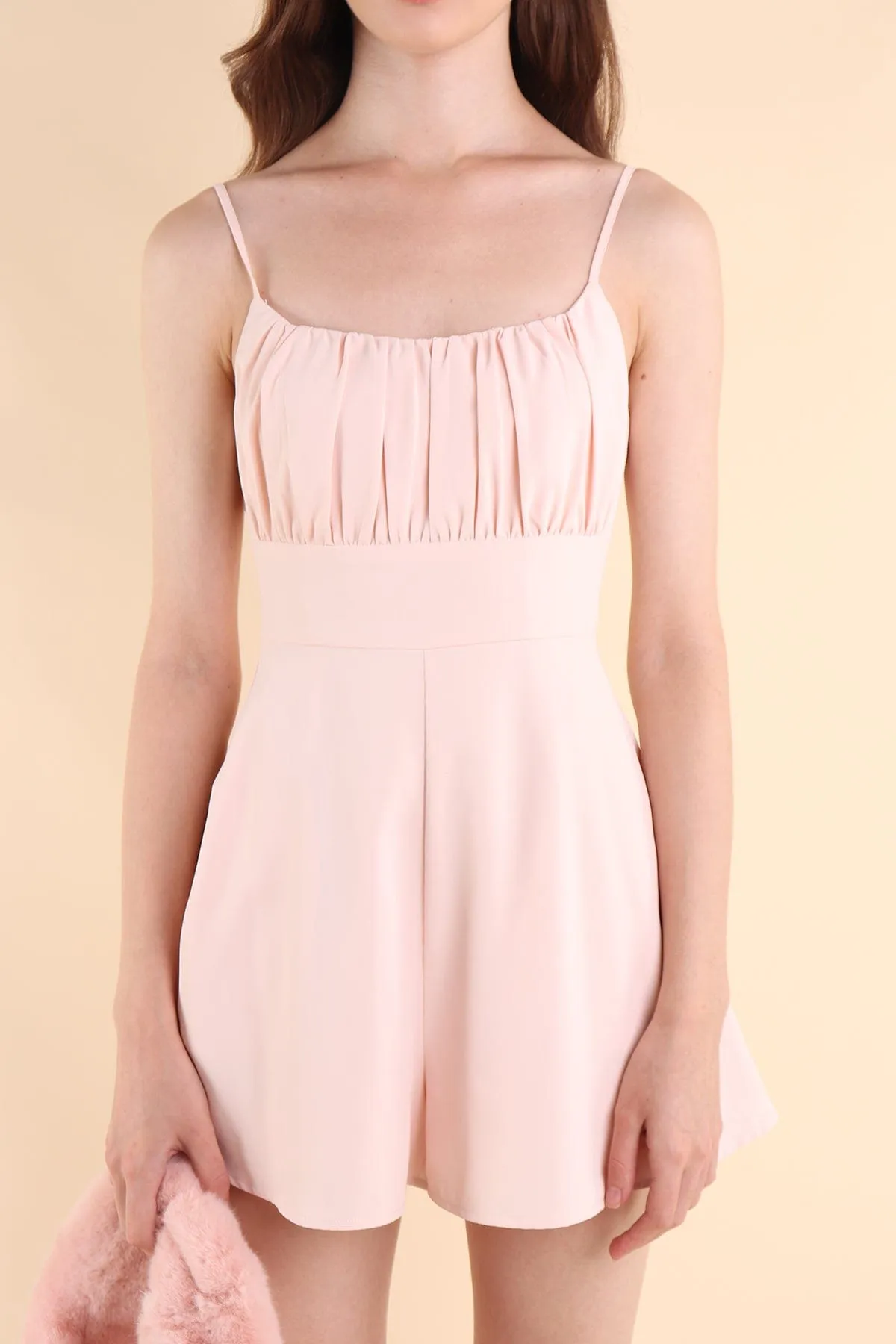 JORDYN RUCHED ROMPER IN PINK