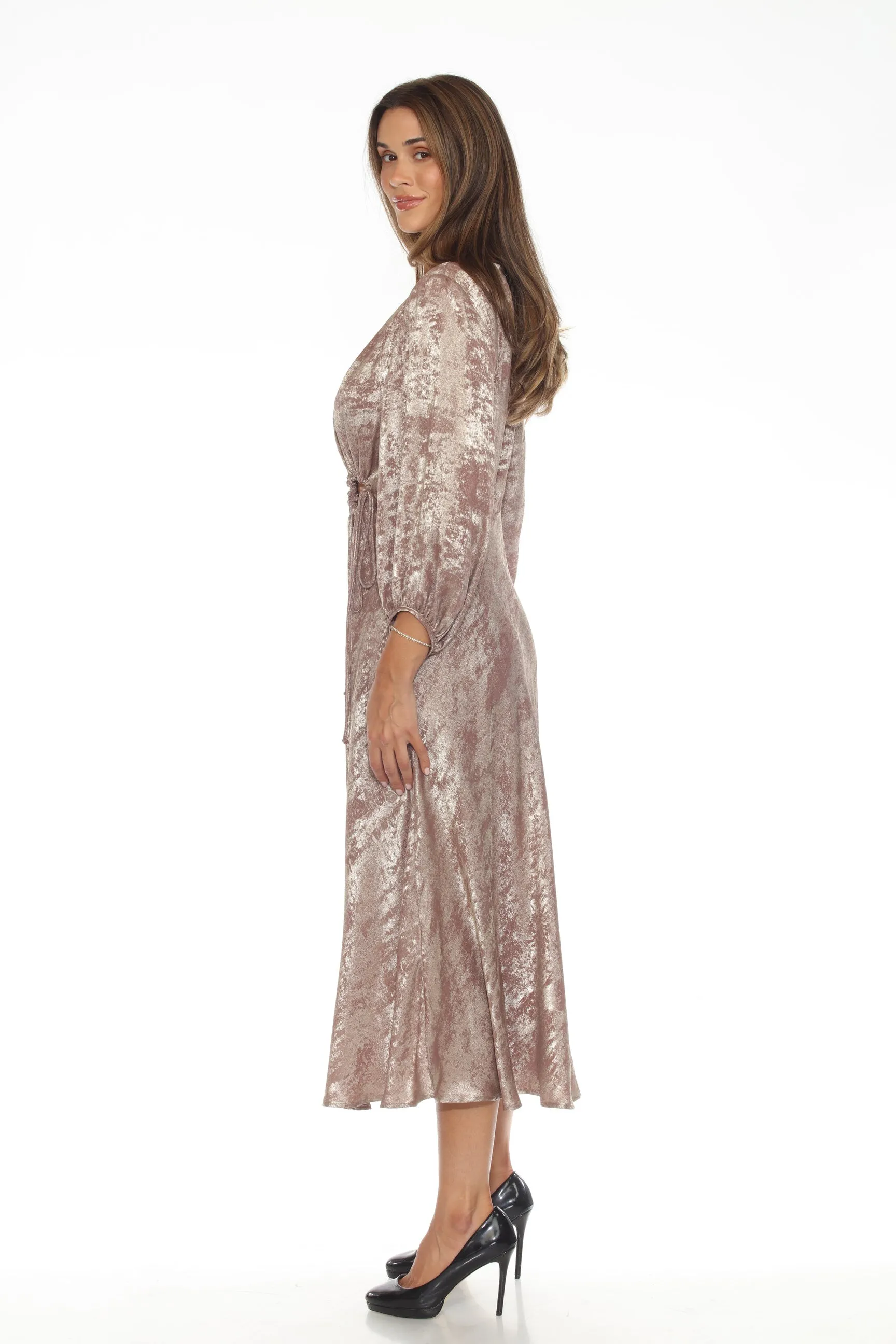 Joseph Ribkoff Beige/Gold Metallic Cutout Detail Puff Sleeve Maxi Dress 243760