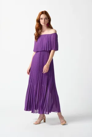 Joseph Ribkoff Majesty Off-Shoulder Pleated Chiffon Party Long Maxi Dress 242926