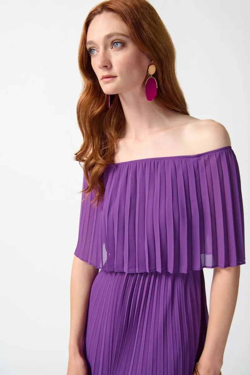 Joseph Ribkoff Majesty Off-Shoulder Pleated Chiffon Party Long Maxi Dress 242926