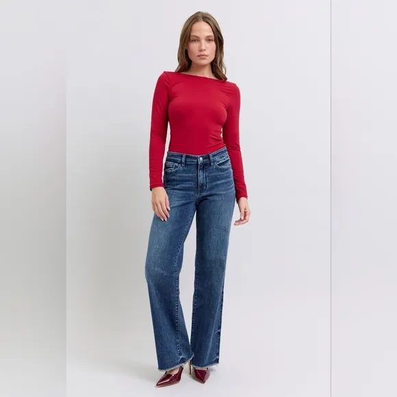 Judy Blue Mid Rise Dark Wash Classic Frayed Hem Wide Leg Jeans Retro Various NEW