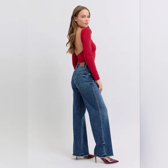 Judy Blue Mid Rise Dark Wash Classic Frayed Hem Wide Leg Jeans Retro Various NEW