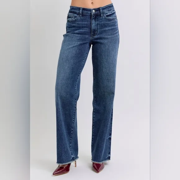 Judy Blue Mid Rise Dark Wash Classic Frayed Hem Wide Leg Jeans Retro Various NEW