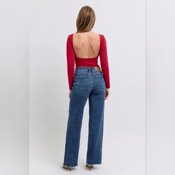 Judy Blue Mid Rise Dark Wash Classic Frayed Hem Wide Leg Jeans Retro Various NEW