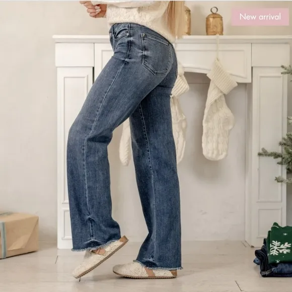 Judy Blue Mid Rise Dark Wash Classic Frayed Hem Wide Leg Jeans Retro Various NEW
