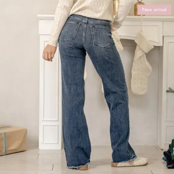 Judy Blue Mid Rise Dark Wash Classic Frayed Hem Wide Leg Jeans Retro Various NEW