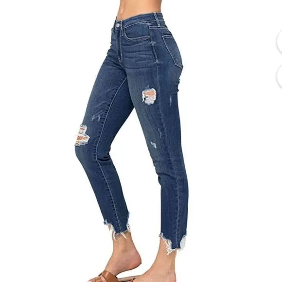 Judy Blue Womens Mid Rise Shark Bite Frayed Hem Slim Fit Jeans 16W Nwt